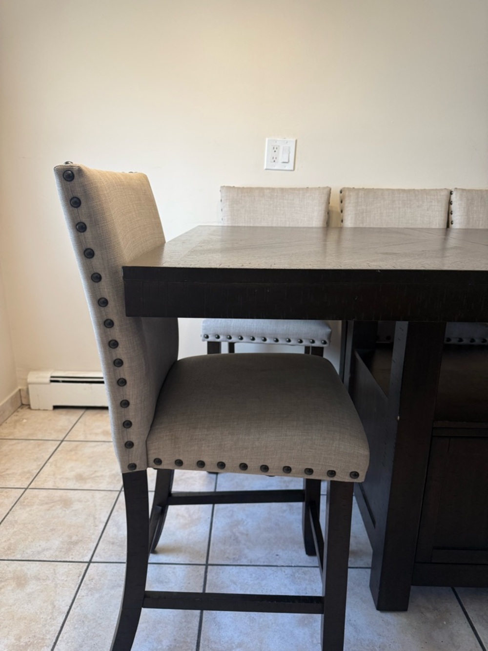 Sonoma Beige Linen Nailhead Counter Height Chair - Dark Wood Base